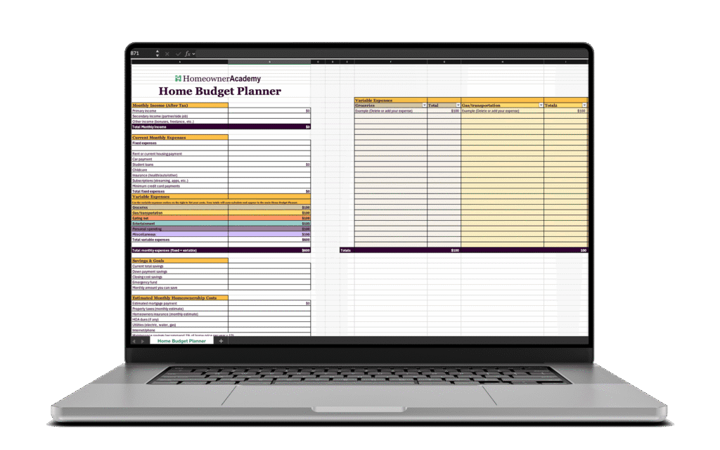 Home Budget Planner spreadsheet displayed on a laptop screen.